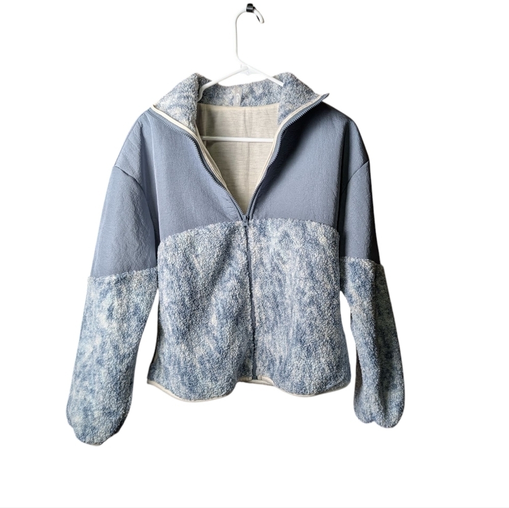 New Cozy Blue White Fleece Jacket Full Front Zipper Fast Dry Recycled Polyester - Picture 10 of 10